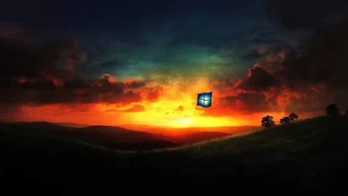 Windows logo hovering over vivid digital sunset landscape.