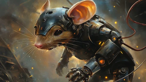 Cybernetic mouse warrior prowls molten industrial ruin.