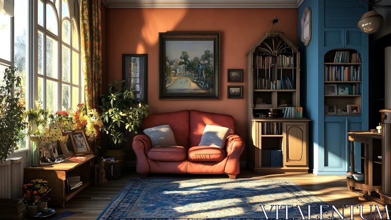 Sunlit living room interior with sofa, plants and detailed shelving