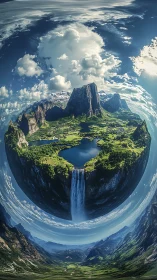 Floating spherical world with towering cliffs and waterfall.