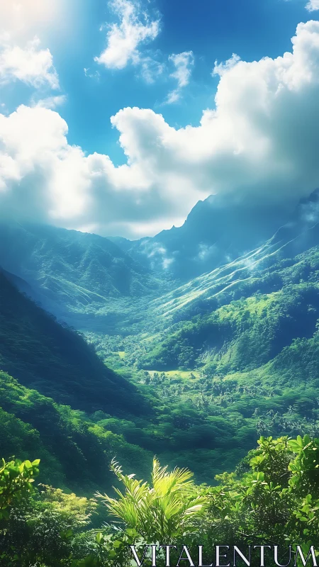 Emerald valley cradle under towering clouds and sunlit peaks.