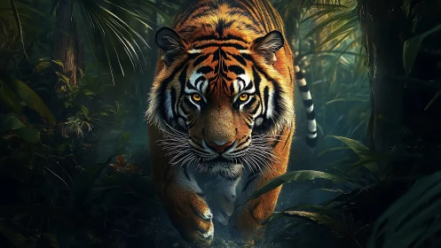 Jungle monarch prowling through emerald shadowlight focus.