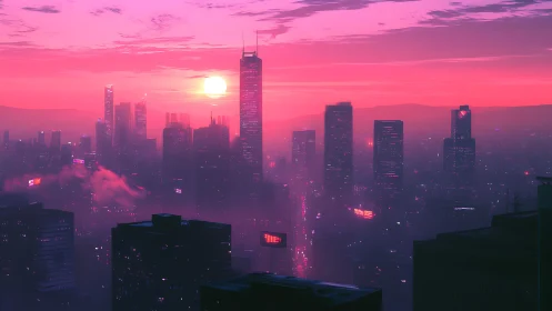 Neon pink smog-drenched megacity skyline at vaporwave sunset
