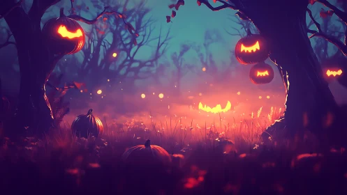 Jack o lantern pumpkins in misty twilight forest clearing.