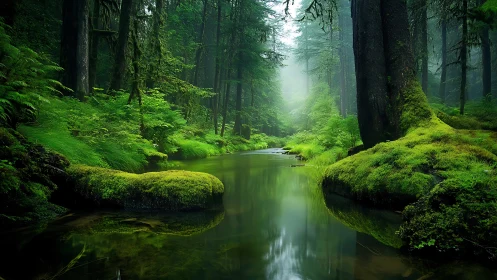 Verdant forest stream winds through moss-covered landscape