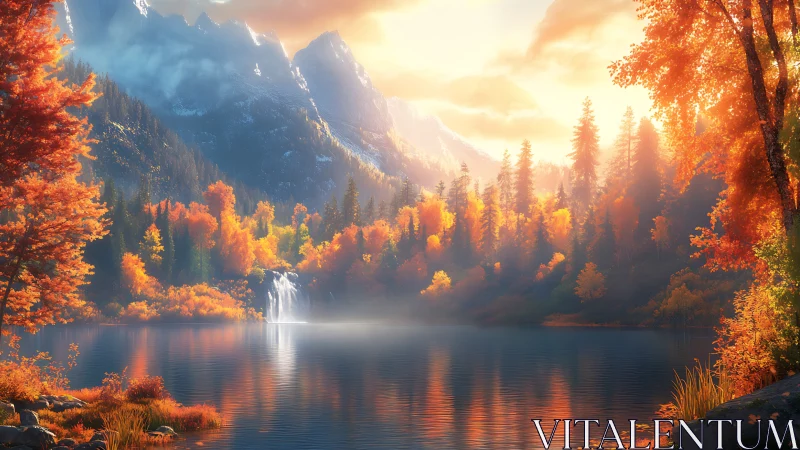 Mountain lake with autumn forest and distant waterfall.