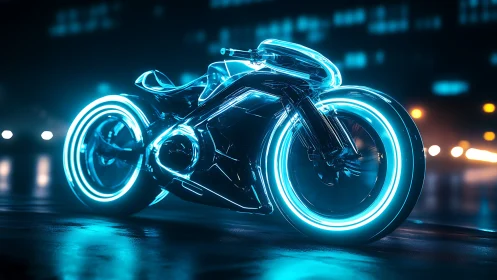Futuristic neon motorcycle on wet city street at night.