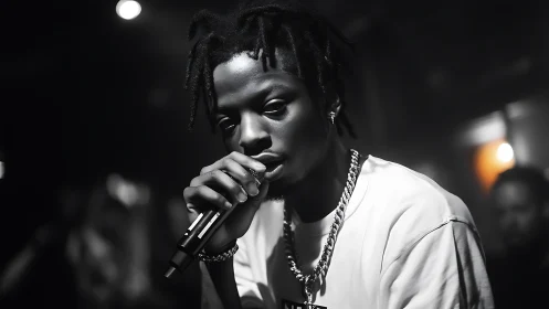 Monochrome close-up of hip-hop vocalist in moody stage lighting