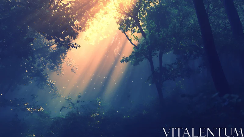 Sunlight penetrates dense forest canopy in early morning haze