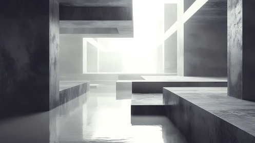Minimalist Concrete Interior with Reflective Surfaces and Natural Light.