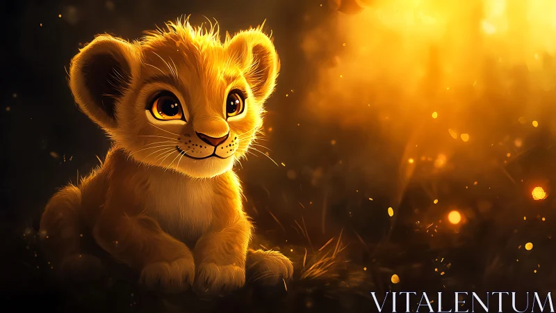 Golden-lit lion cub gazes upward in glowing wonder.