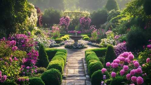 Formal rose parterre garden with central fountain and stone path.