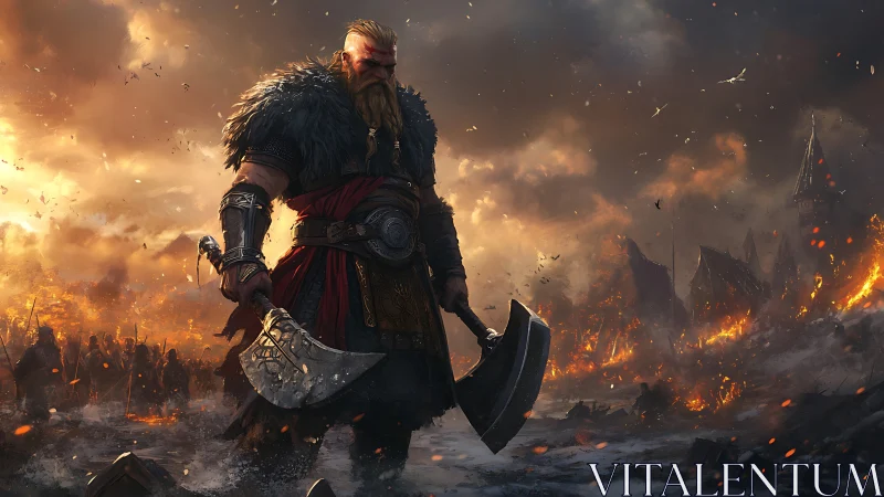Viking warlord stands over burning battlefield at dusk.