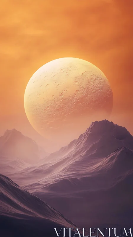 Twin-sunset moonrise over lavender alien mountain tides.