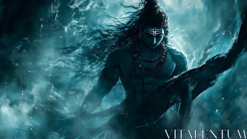 Blue-toned digital figure emerges from abstract swirling mist