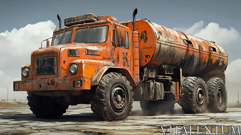 Orange heavy fuel tanker truck stands on cracked ground