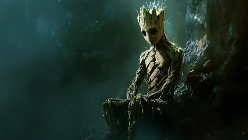 Humanoid tree figure seated in dim forest environment.