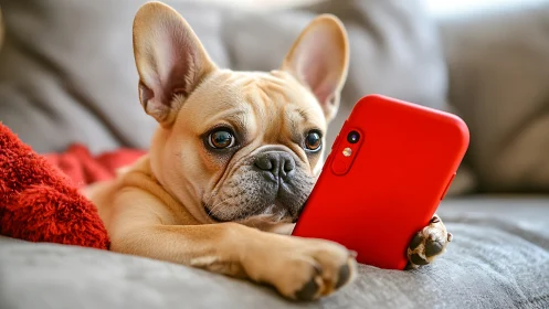 French Bulldog gazes at smartphone with curious expression.