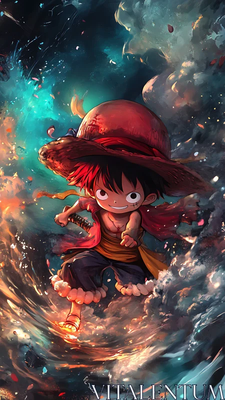 Straw-hatted boy leaping through swirling elemental sea.