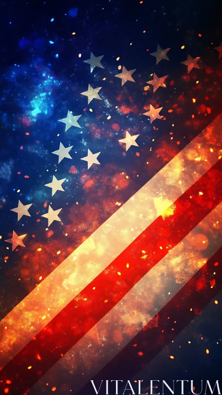 Glowing American flag design shimmers in fiery cosmic light