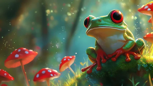 Tree frog on moss among red mushrooms in soft forest light.