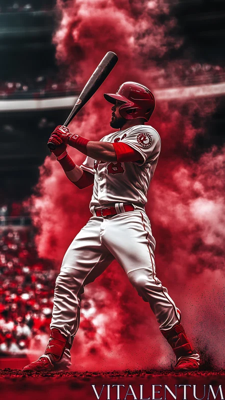 Baseball slugger waits in crimson smoke before powerful swing