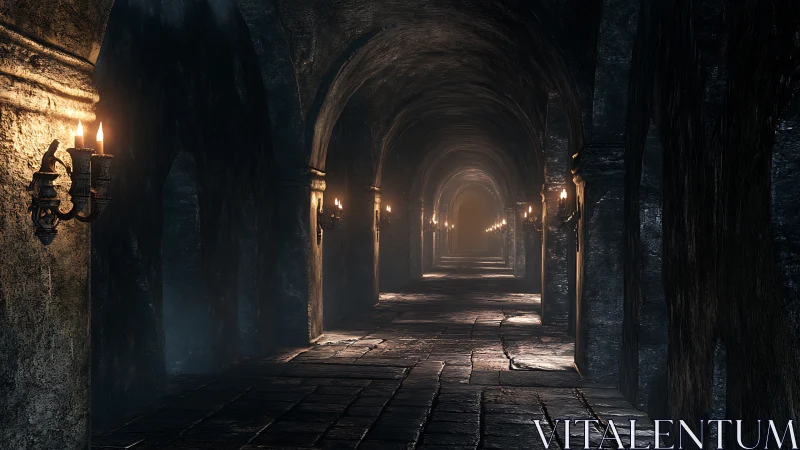 Gently lit stone corridor stretches into a mysterious distance
