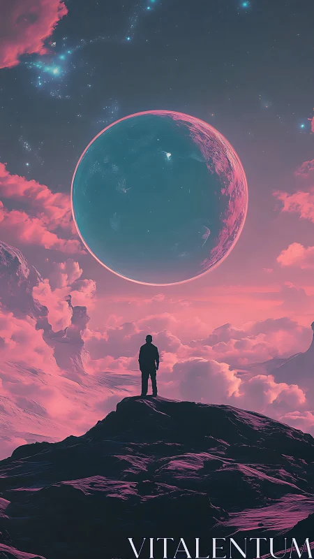 Lone dreamer atop neon cliffs beneath a turquoise planet.