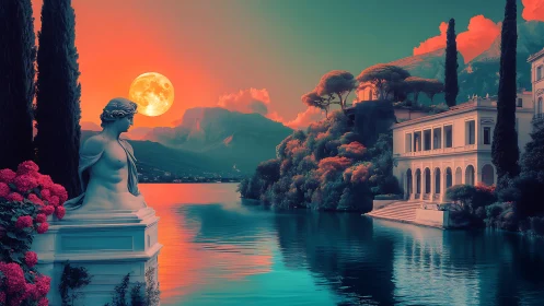 Moonlit lakeside villa glows with dreamy classical charm