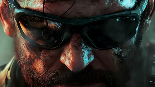 Battle-scarred soldier in mirrored shades, storm-lit resolve.