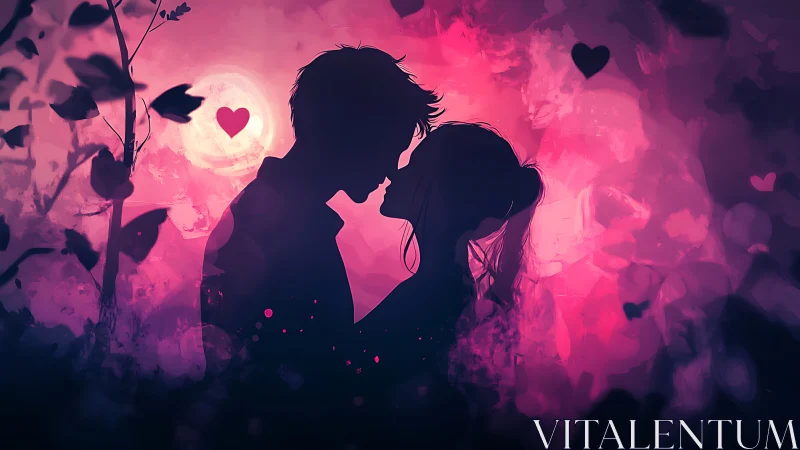 Silhouetted Couple Against Luminescent Moon with Heart Motifs