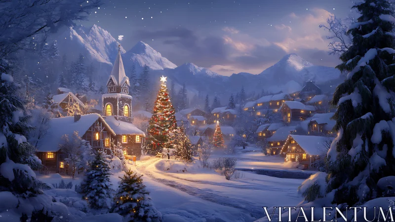 Snowy alpine village glows around a magical Christmas tree
