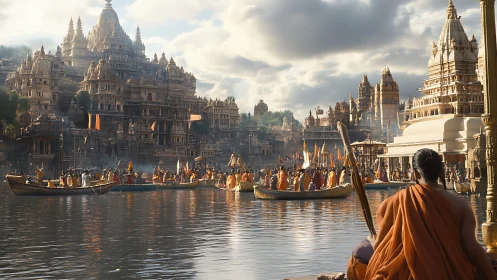 Temple city river procession unfolds under soft morning light