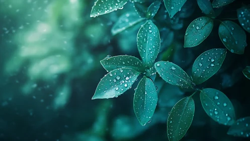 Gentle rain-kissed leaves glowing in a dreamy teal hush.