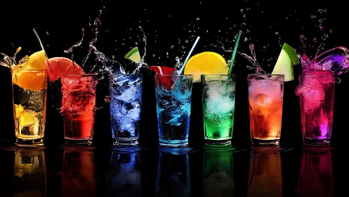 Seven Vibrant Cocktails Captured Mid-Splash Against Black Background