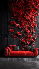 Sculptural red florals cascade above minimalist crimson sofa