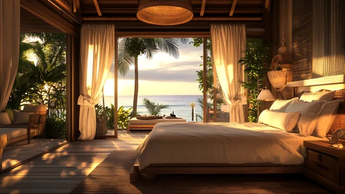 Sunlit tropical bedroom opens peacefully onto a serene ocean view