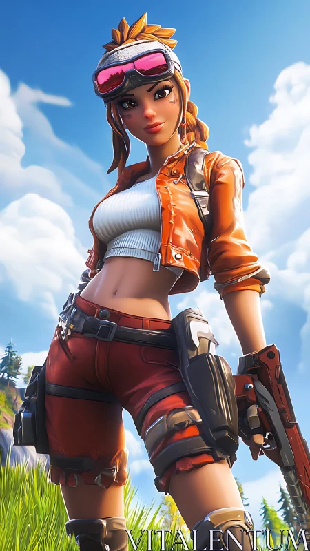 Skybound gamer heroine strides through bright battlefields.