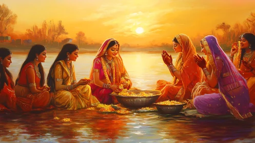 Indian women celebrating festival by river at sunset, vibrant art.