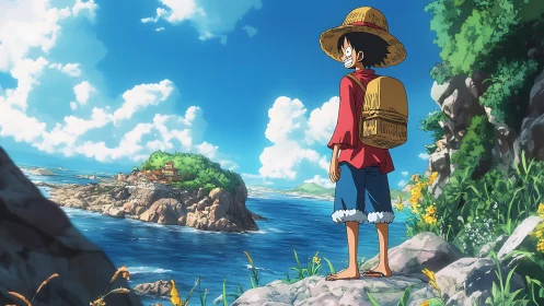 Young traveler surveys sunny island across sparkling sea.