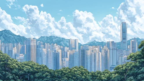 Sunlit skyline meets forest edge under towering clouds.