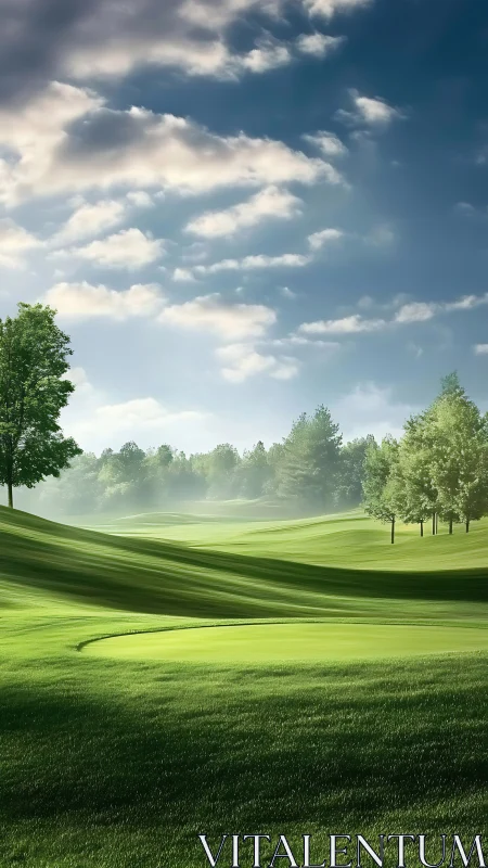 Sunlit golf fairway curves through misty morning landscape.