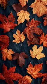 Warm autumn maple leaves scattered on a deep dark stone.