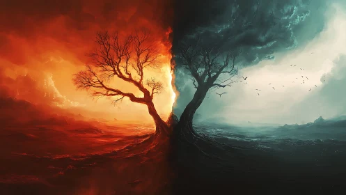 Bifurcated elemental landscape with opposing spectral trees.
