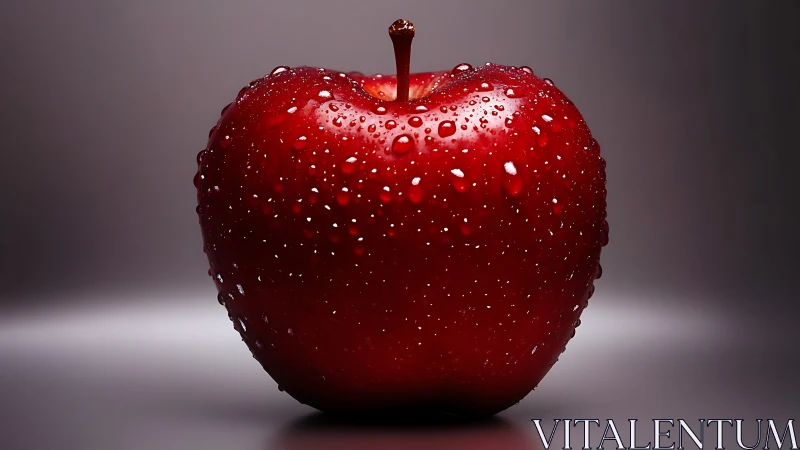 Red apple with water droplets on neutral studio background.