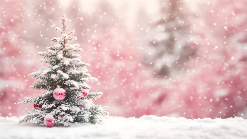 Snowy Christmas tree stands in soft pink winter snowfall