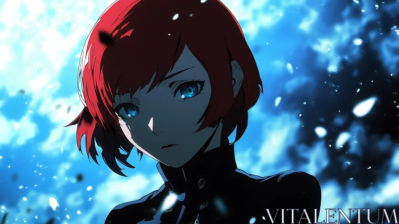Red haired heroine faces glowing blue storm of embers.