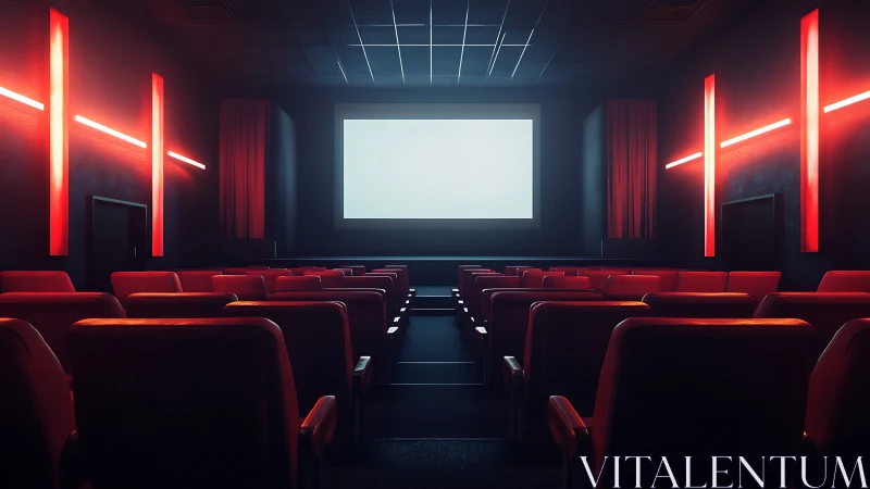 Cozy red cinema seats glowing under soft neon lights.