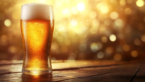 Pint glass of light beer on wooden surface, bokeh background.