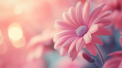 Soft pink daisy glowing gently in dreamy evening light.